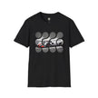 Black t-shirt with abstract race car graphic and bold circular pattern on chest