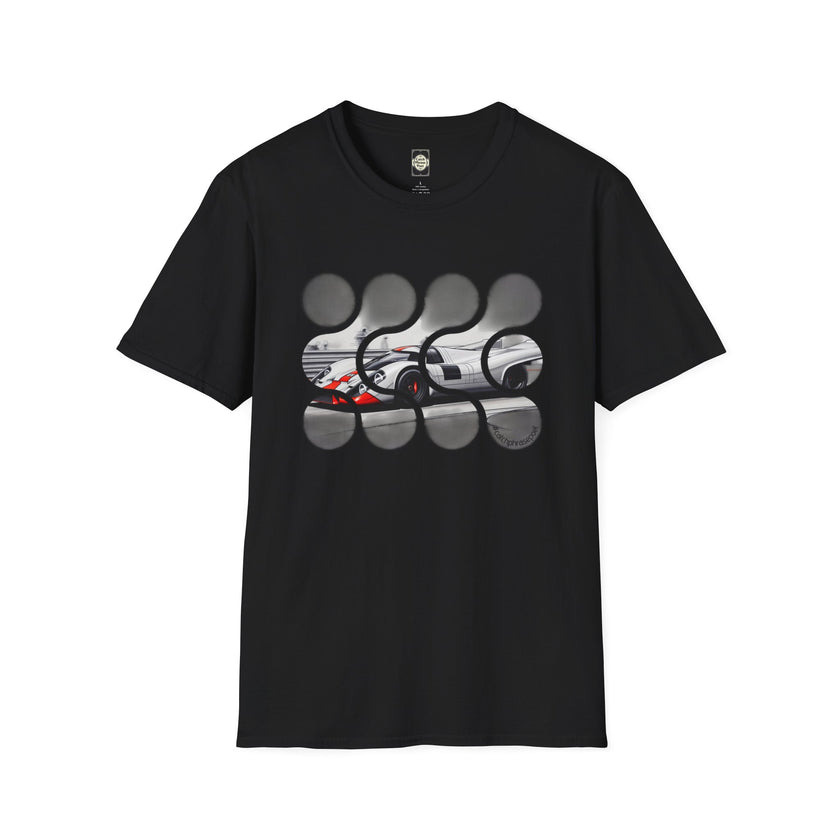 Black t-shirt with abstract race car graphic and bold circular pattern on chest
