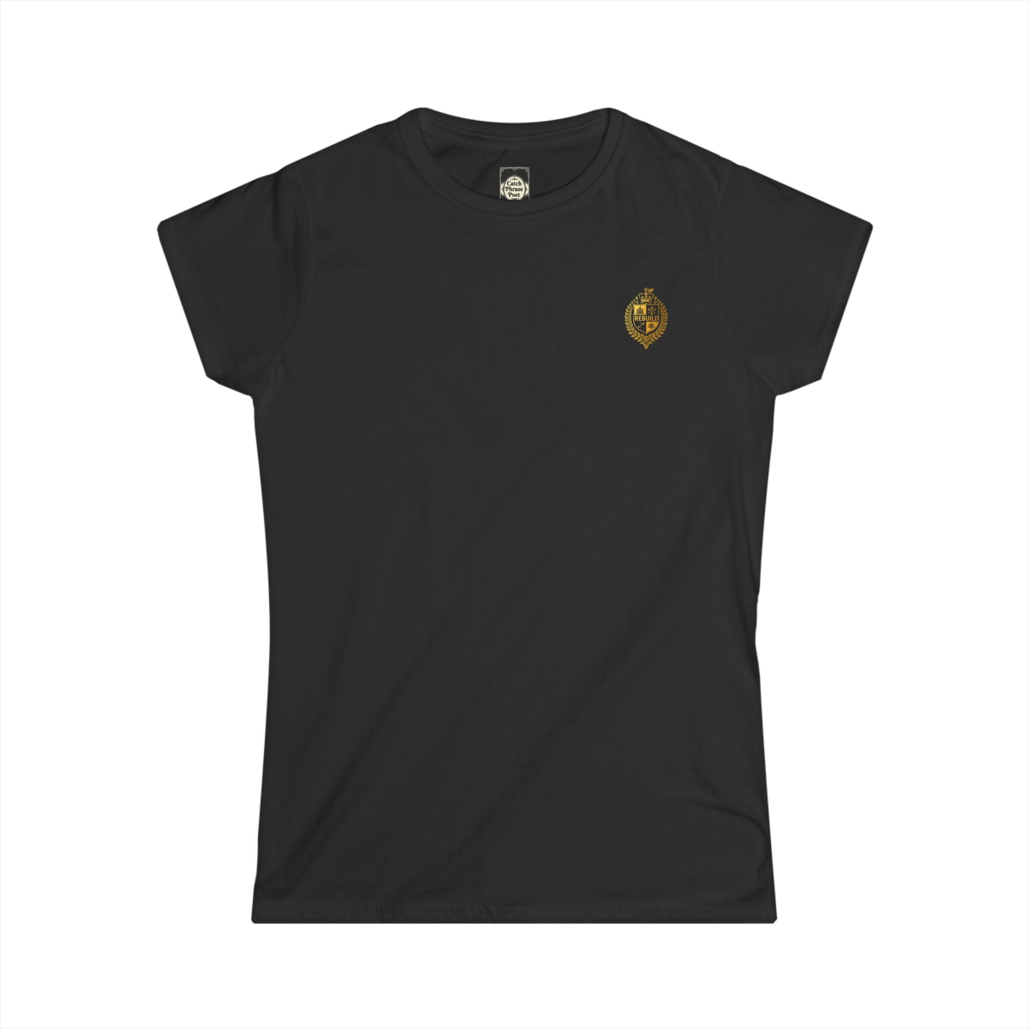 Black women's t-shirt with small gold embroidered crest on left chest, short sleeves