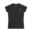 Black women's t-shirt with small gold embroidered crest on left chest, short sleeves