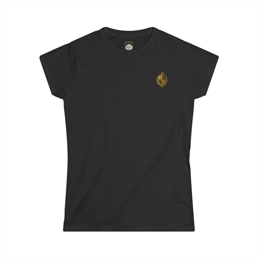 Black women's t-shirt with small gold embroidered crest on left chest, short sleeves