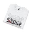 Folded white graphic t-shirt with abstract circles and a racing sports car print