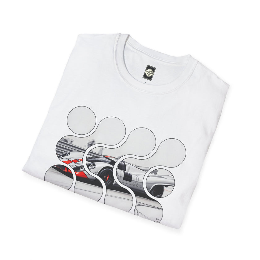 Folded white graphic t-shirt with abstract circles and a racing sports car print