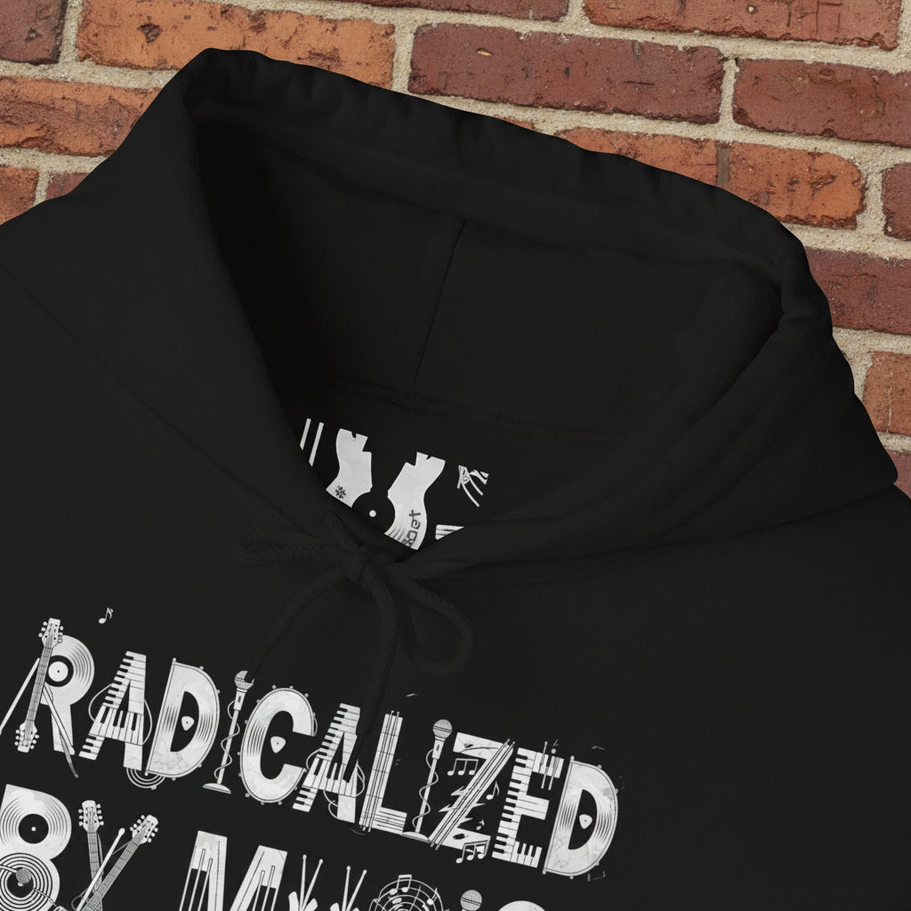 Black hoodie with white text and graphics on a white background