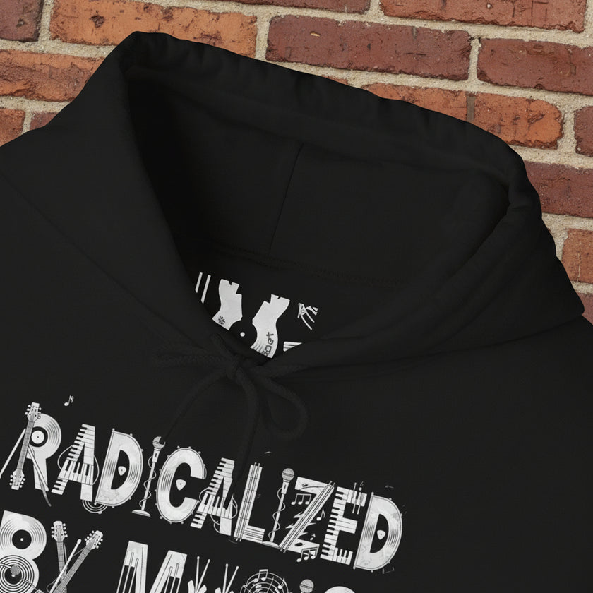 Black hoodie with white text and graphics on a white background