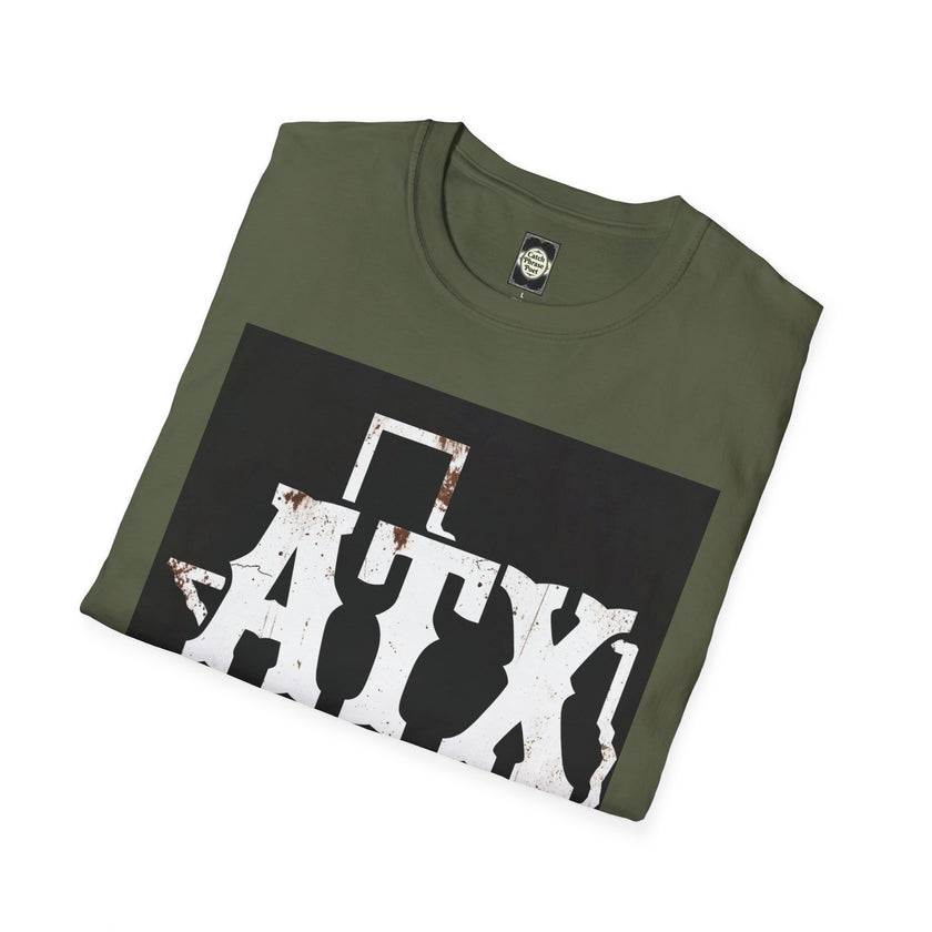 Olive green t-shirt with bold distressed ATX graphic design, folded on white background