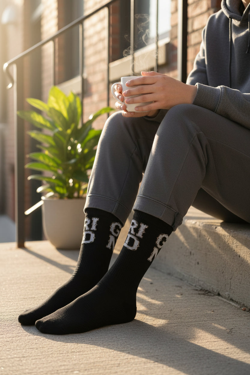 Black socks with white text on a white background