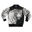 Unisex tiger graphic all-over print bomber jacket, full front — Catch Phrase Poet