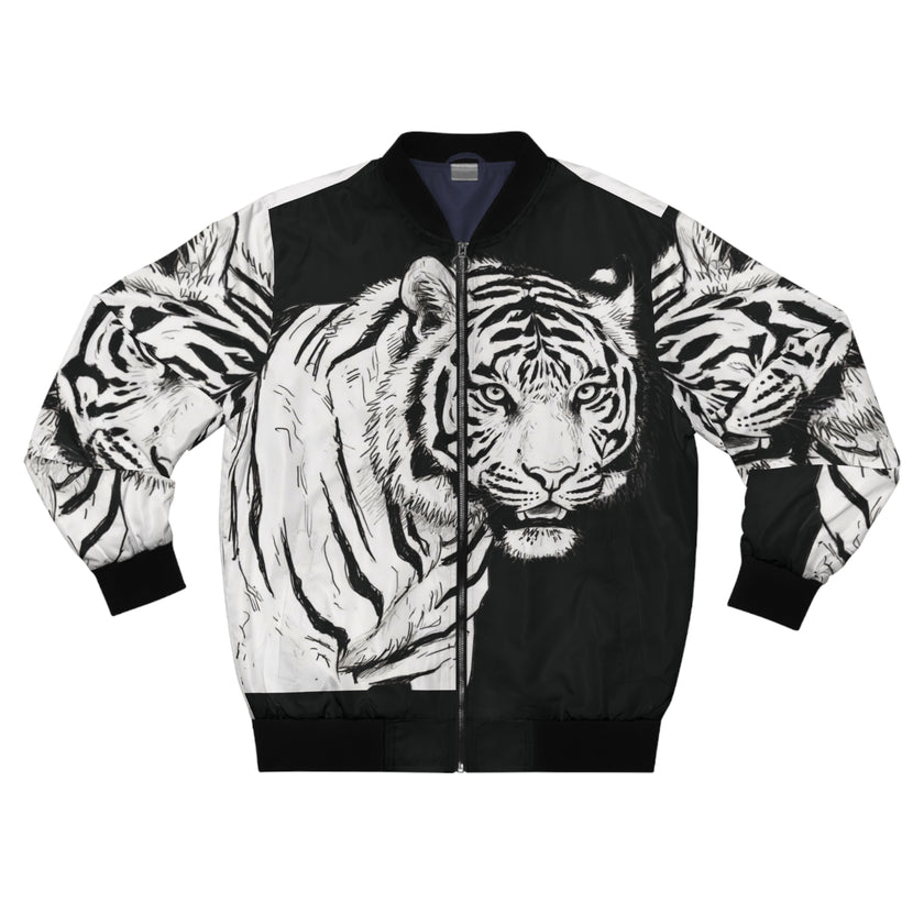 Unisex tiger graphic all-over print bomber jacket, full front — Catch Phrase Poet