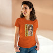 Woman in orange t-shirt with artistic neurodivergent text and illustrated face design