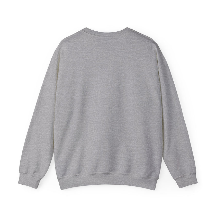 Back view of plain light gray crewneck sweatshirt with long sleeves, unisex style