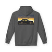 Gray hoodie featuring a graphic of a classic Volvo car and text '#Volvolife Swedish Brick' on the back.