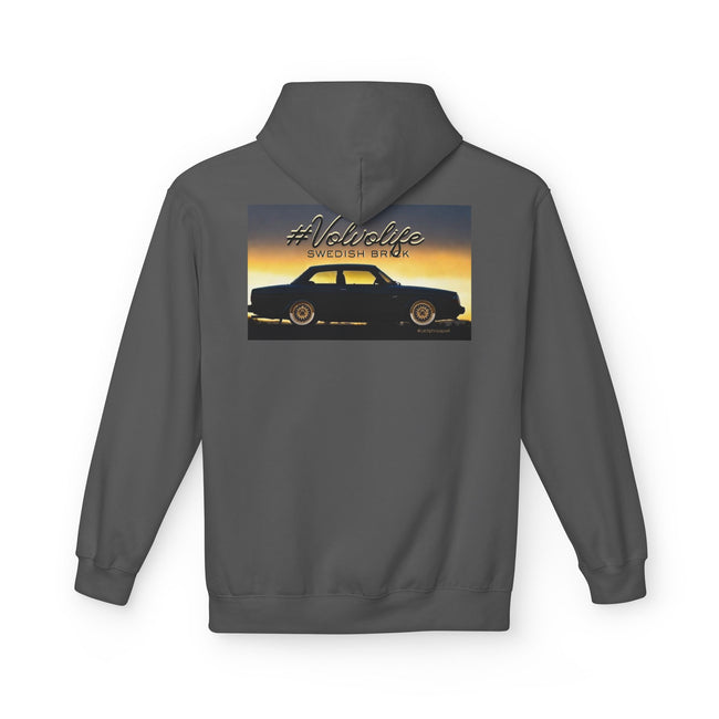 Gray hoodie featuring a graphic of a classic Volvo car and text '#Volvolife Swedish Brick' on the back.