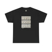 Black t-shirt with 'live, lose, gain' motivational text in bold beige letters on front