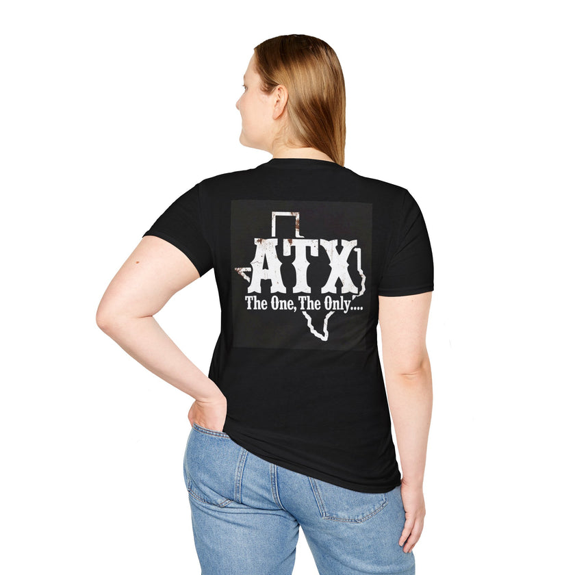 Woman in black ATX Texas graphic t-shirt and blue jeans, back view