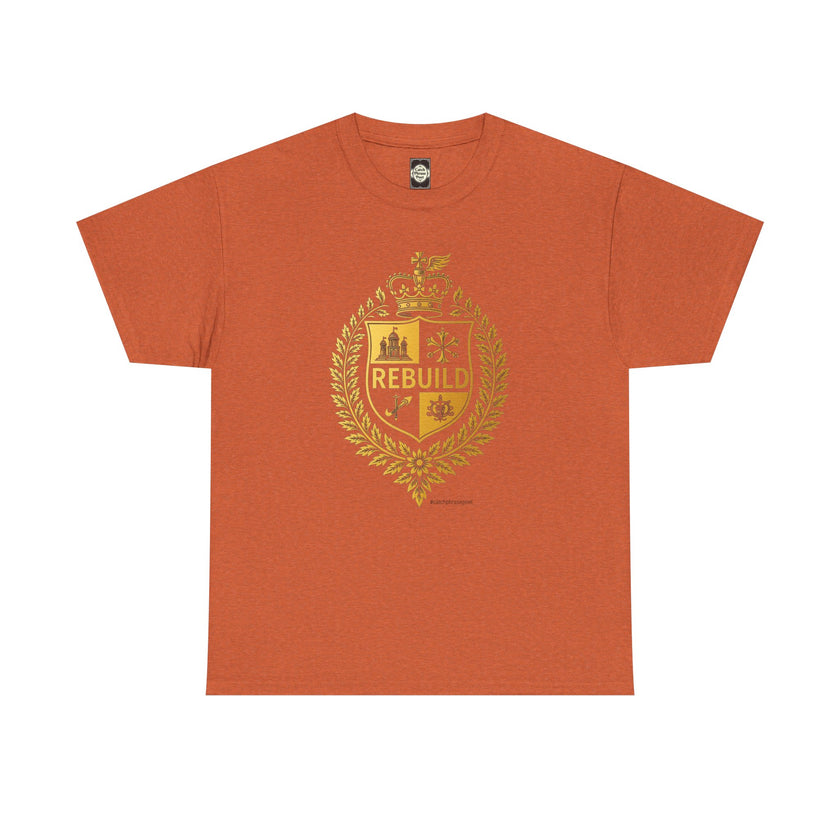 Rust orange t-shirt with gold crest and REBUILD motivational text graphic
