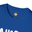 Blue cotton t-shirt with white lettering and Catch Phrase Poet label at the collar