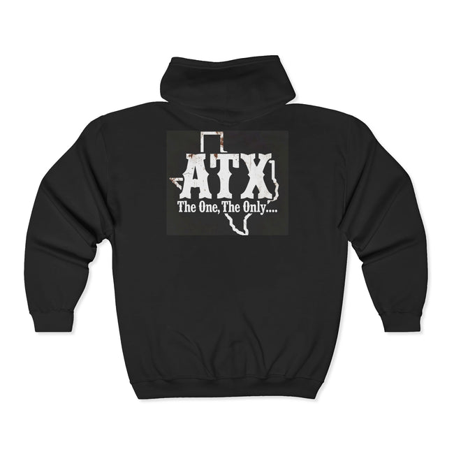 Black sweatshirt with Texas outline and 'ATX The One, The Only....' graphic on back