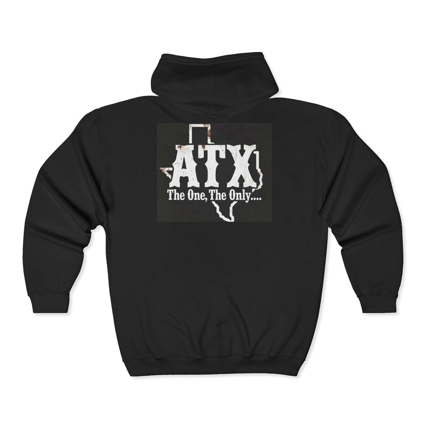 Black sweatshirt with Texas outline and 'ATX The One, The Only....' graphic on back