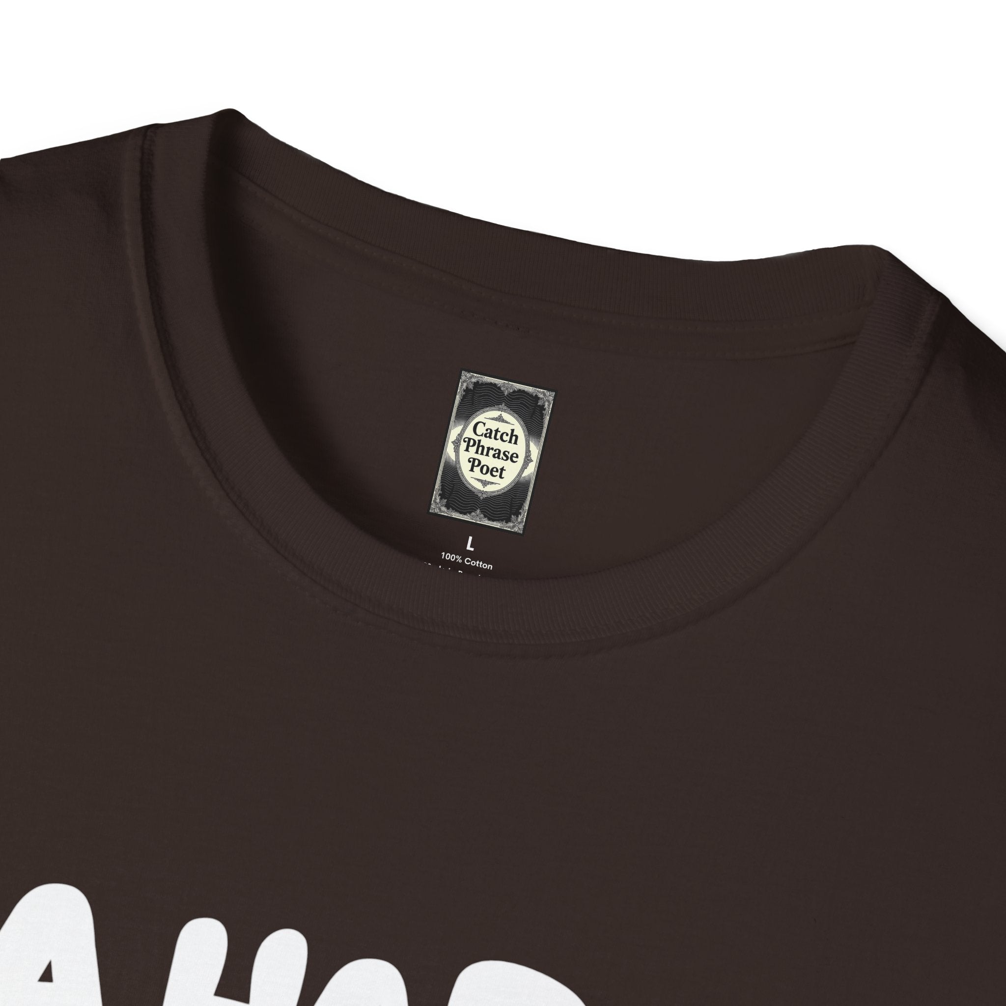 Close-up of black cotton t-shirt collar with Catch Phrase Poet label, size L