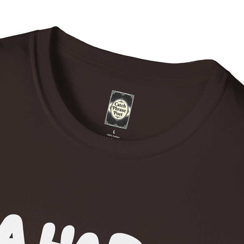Close-up of black cotton t-shirt collar with Catch Phrase Poet label, size L