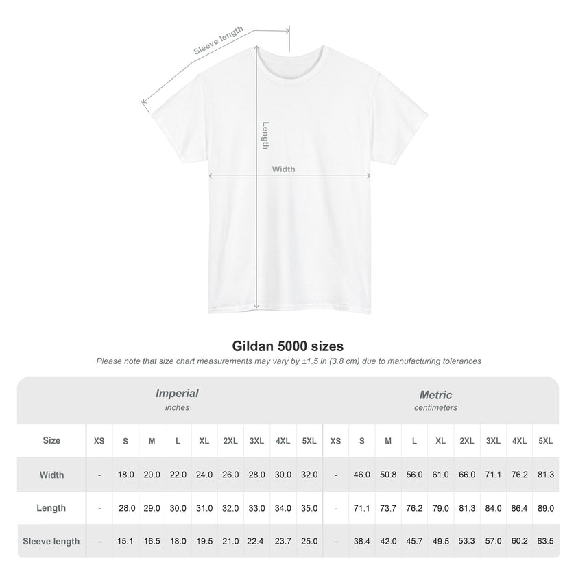 White Gildan 5000 t-shirt size chart with width, length, and sleeve length measurements in inches and centimeters.