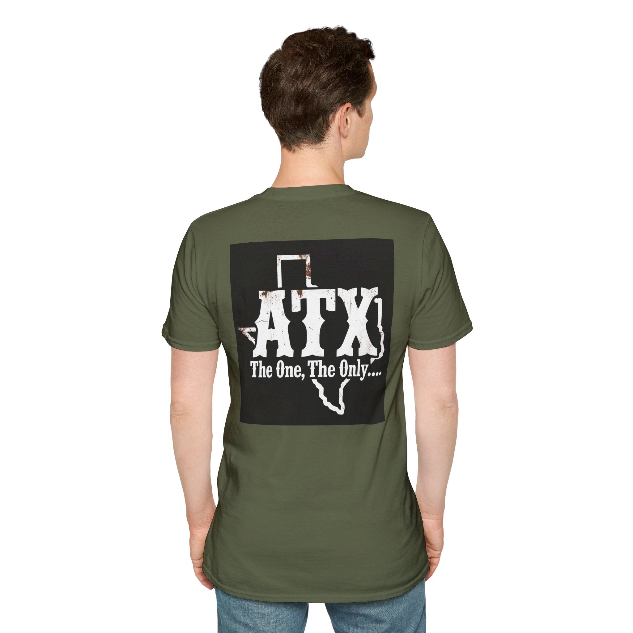 Man wearing olive green t-shirt with 'ATX The One, The Only...' Texas graphic on back