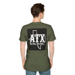 Man wearing olive green t-shirt with 'ATX The One, The Only...' Texas graphic on back
