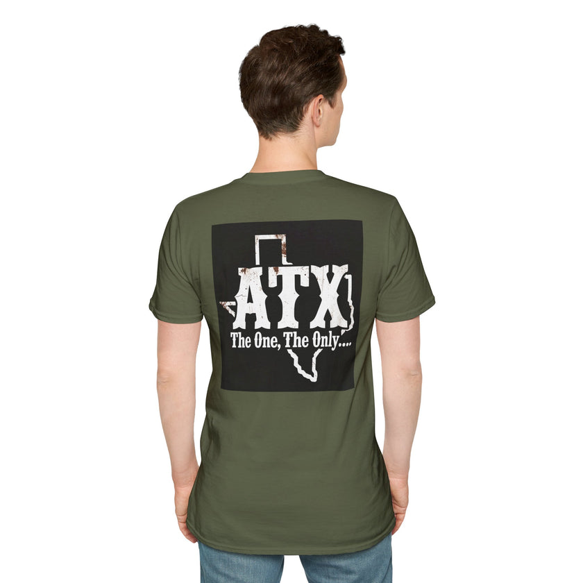 Man wearing olive green t-shirt with 'ATX The One, The Only...' Texas graphic on back