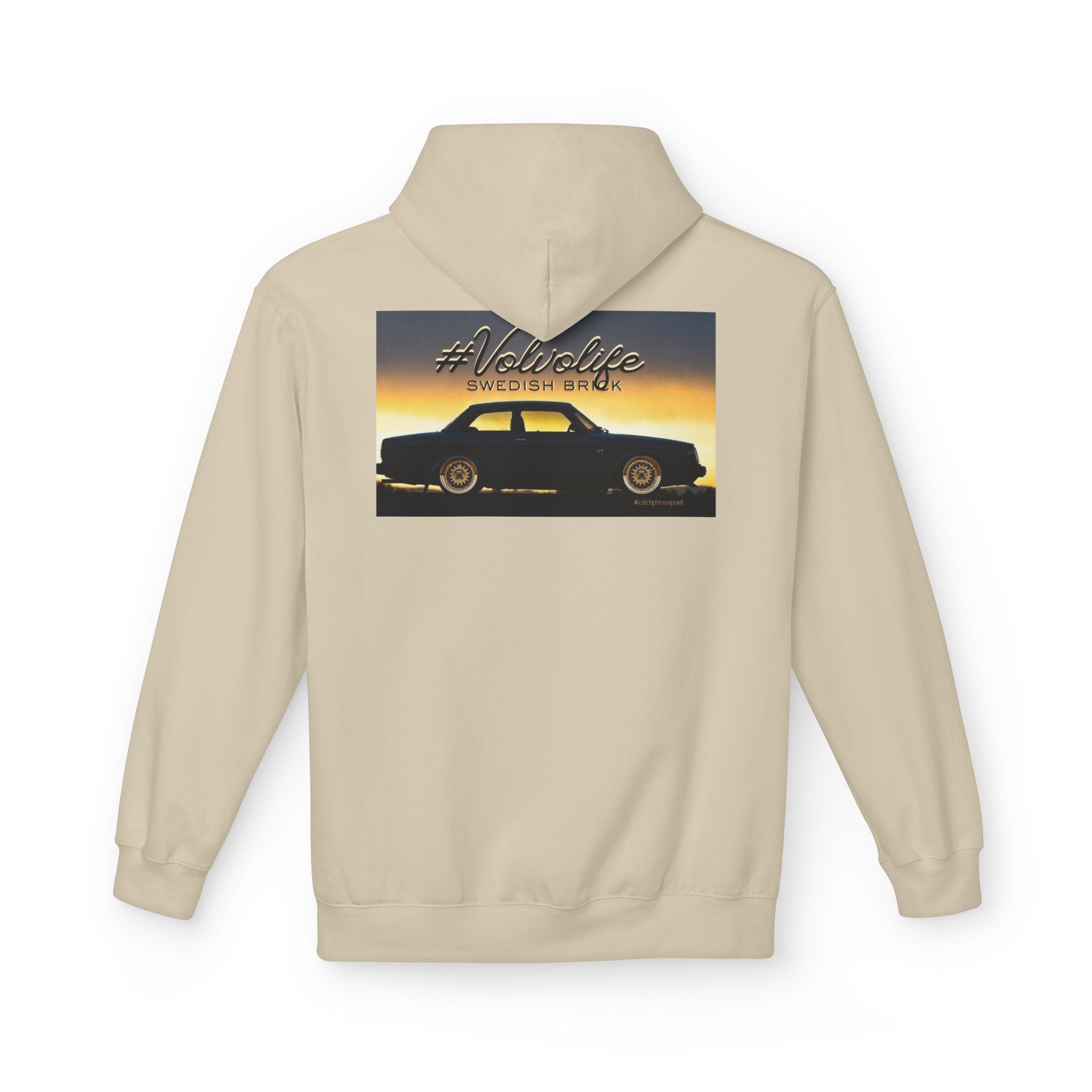 Beige hoodie with #Volvolife Swedish Brick graphic and classic car design on the back