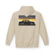 Beige hoodie with #Volvolife Swedish Brick graphic and classic car design on the back