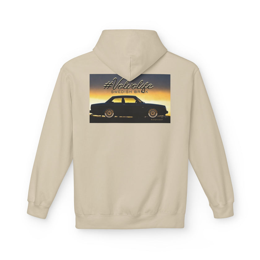Beige hoodie with #Volvolife Swedish Brick graphic and classic car design on the back