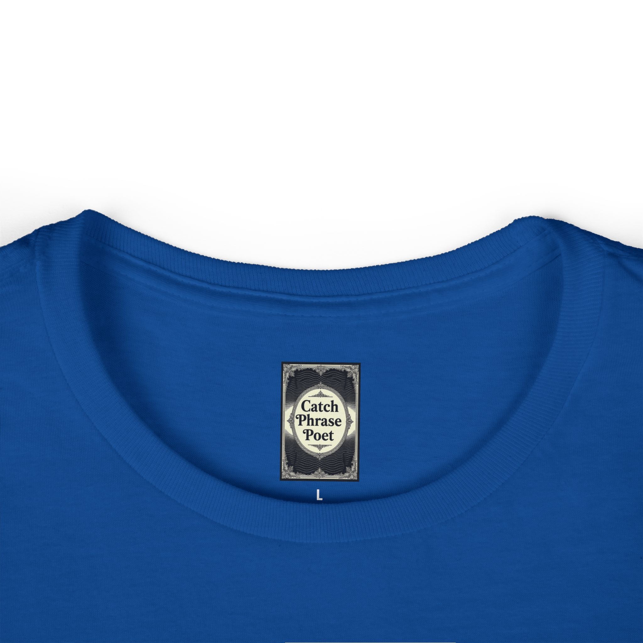 Blue crew neck t-shirt with Catch Phrase Poet label at collar, size large