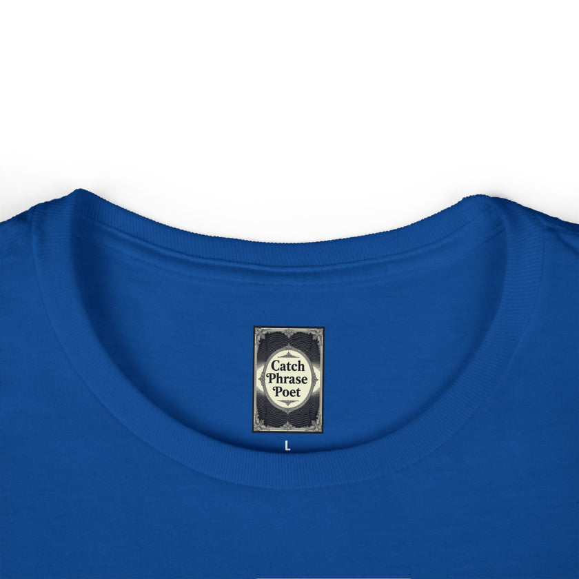 Blue crew neck t-shirt with Catch Phrase Poet label at collar, size large