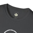 Close-up of a dark heather t-shirt collar with Catch Phrase Poet label and white graphic print