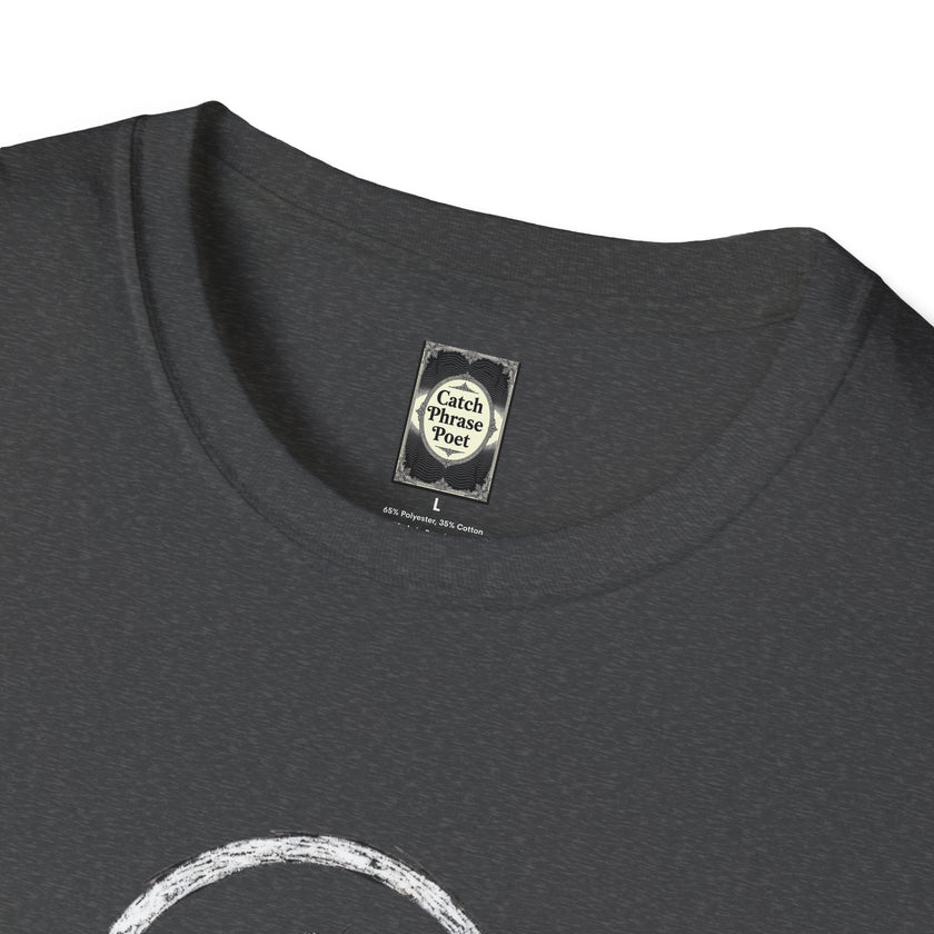 Close-up of a dark heather t-shirt collar with Catch Phrase Poet label and white graphic print
