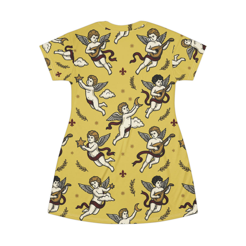 Cherub Print Women's T‑Shirt Dress — Vintage Angel Pattern