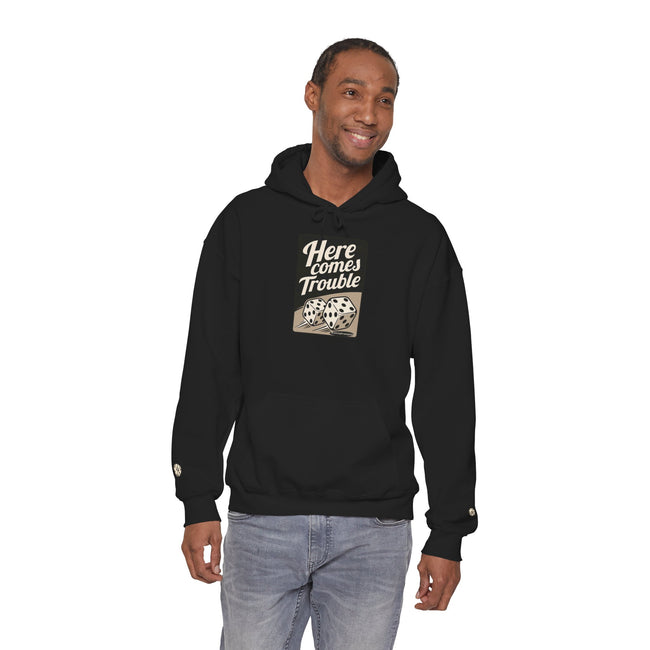 Here Comes Trouble Hoodie — Vintage Dice Graphic Pullover