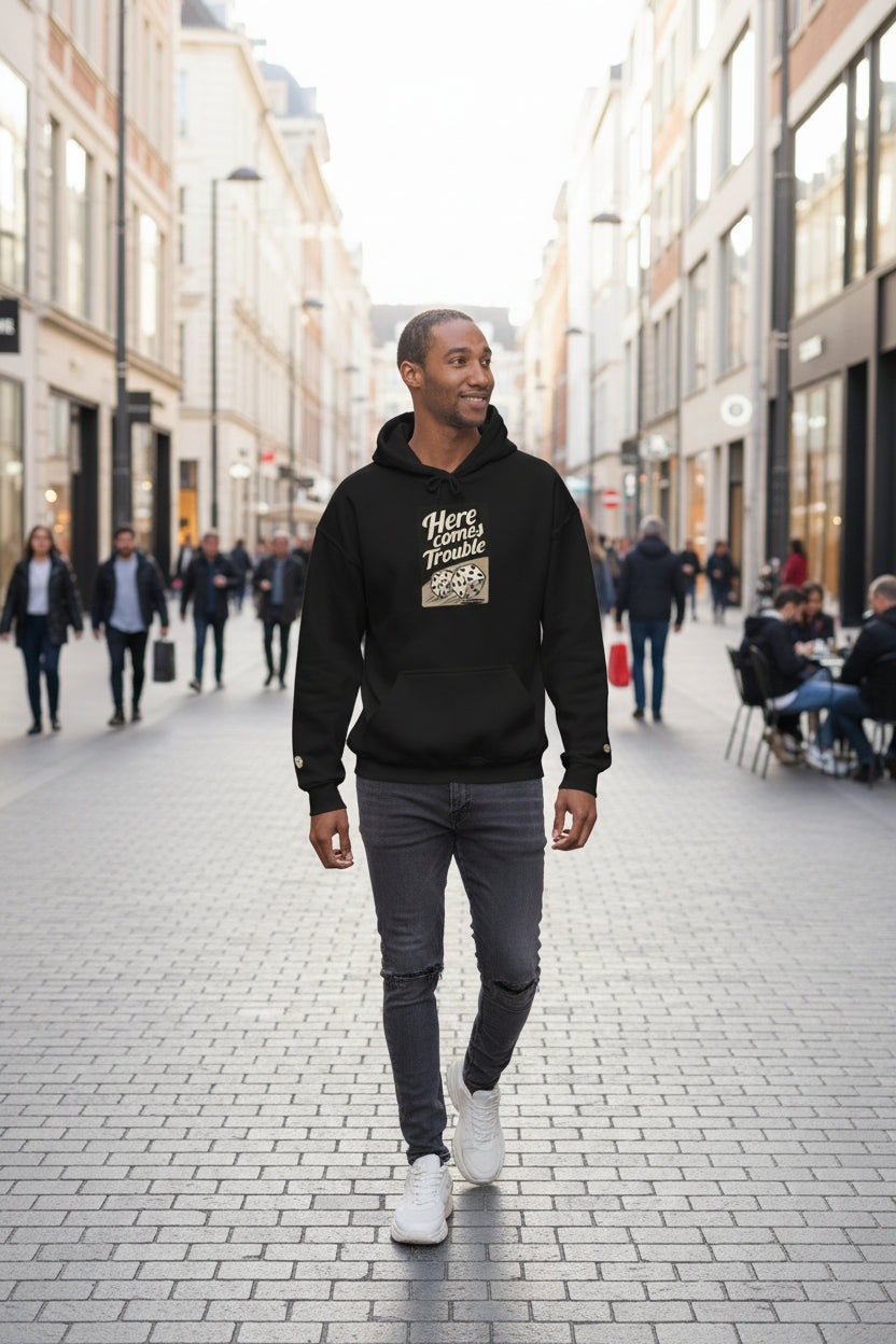 Man wearing a black hoodie with a white graphic design on a white background