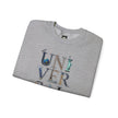 Folded grey crewneck shirt with 'UNIVERSAL' graphic and global landmarks on letters