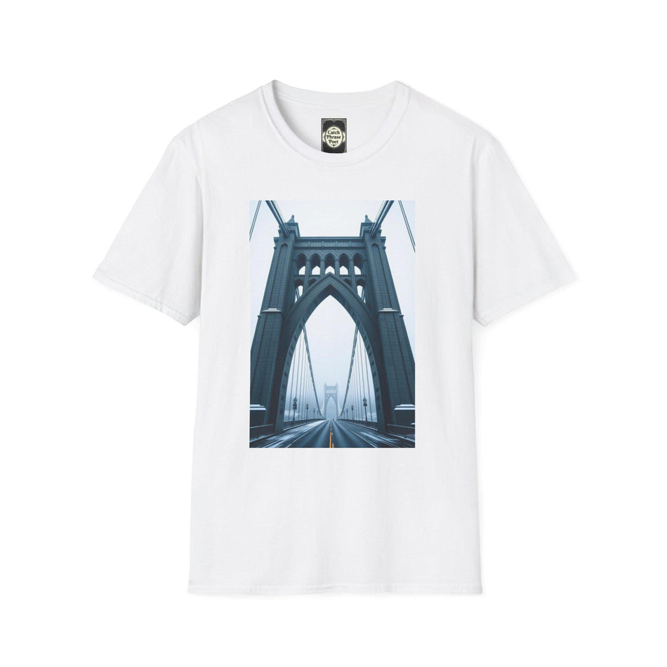 White t-shirt with large graphic of a blue suspension bridge on the front, cityscape style.