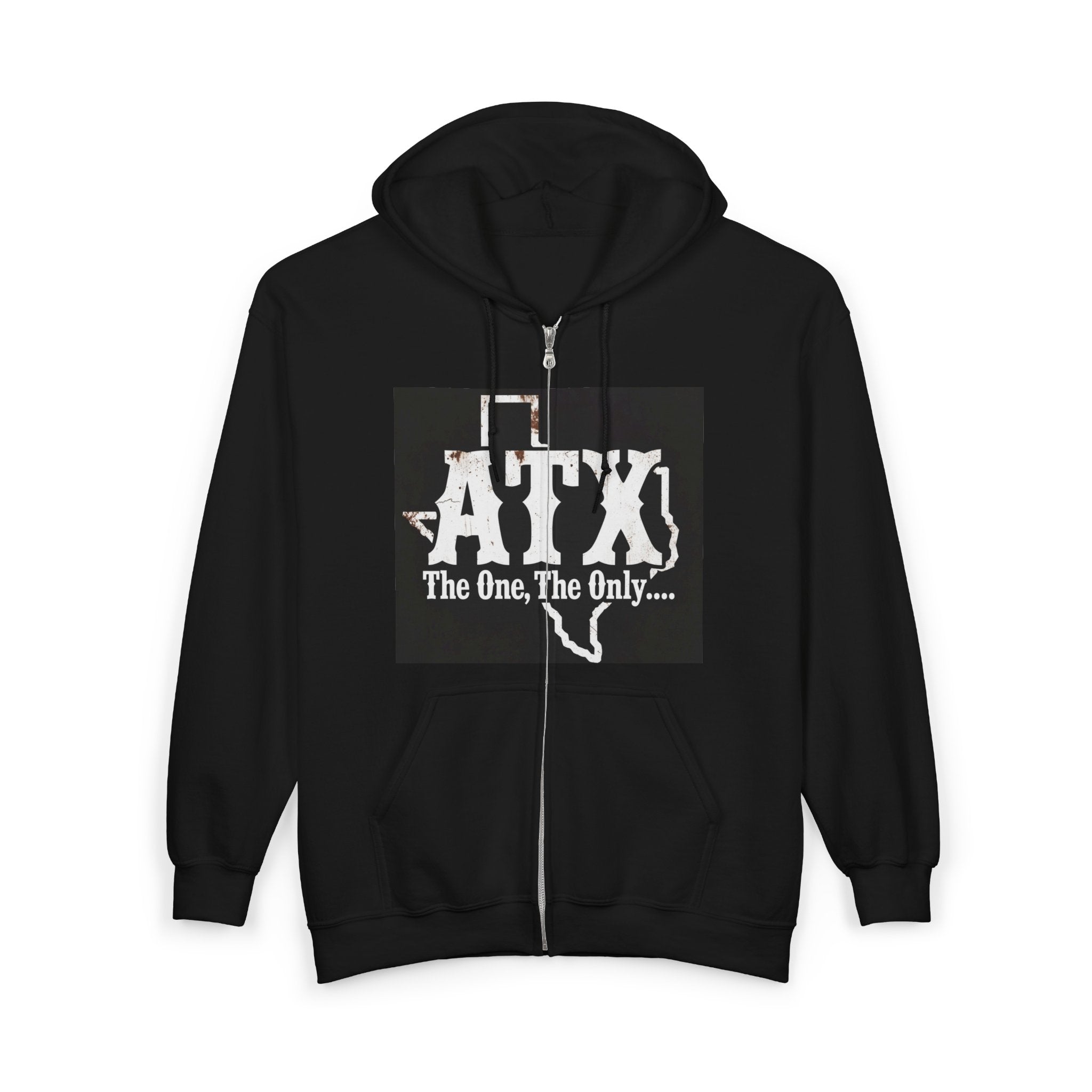 Black zip-up hoodie with white 'ATX The One, The Only...' text over a Texas outline graphic.