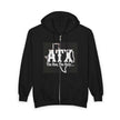 Black zip-up hoodie with white 'ATX The One, The Only...' text over a Texas outline graphic.