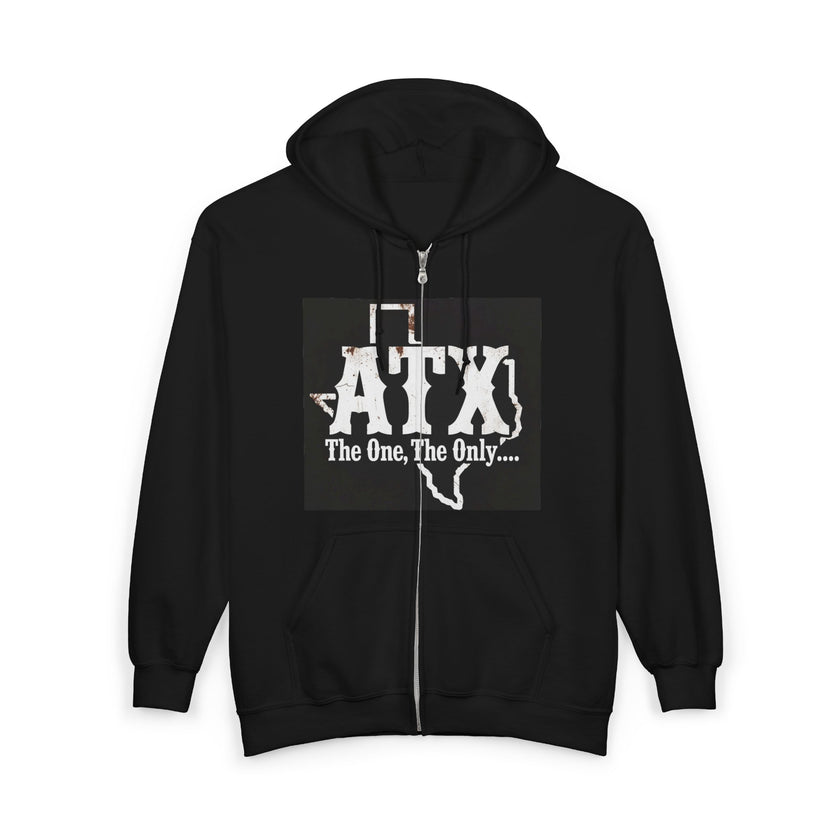 Black zip-up hoodie with white 'ATX The One, The Only...' text over a Texas outline graphic.