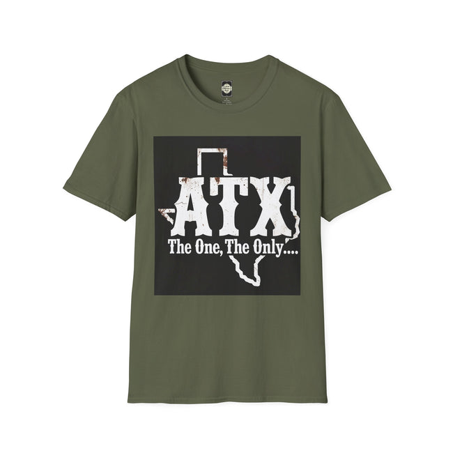 Olive green t-shirt with ATX Texas graphic and 'The One, The Only....' text on front.