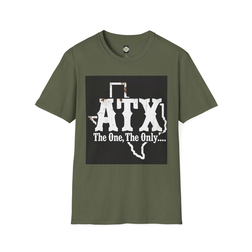 Olive green t-shirt with ATX Texas graphic and 'The One, The Only....' text on front.