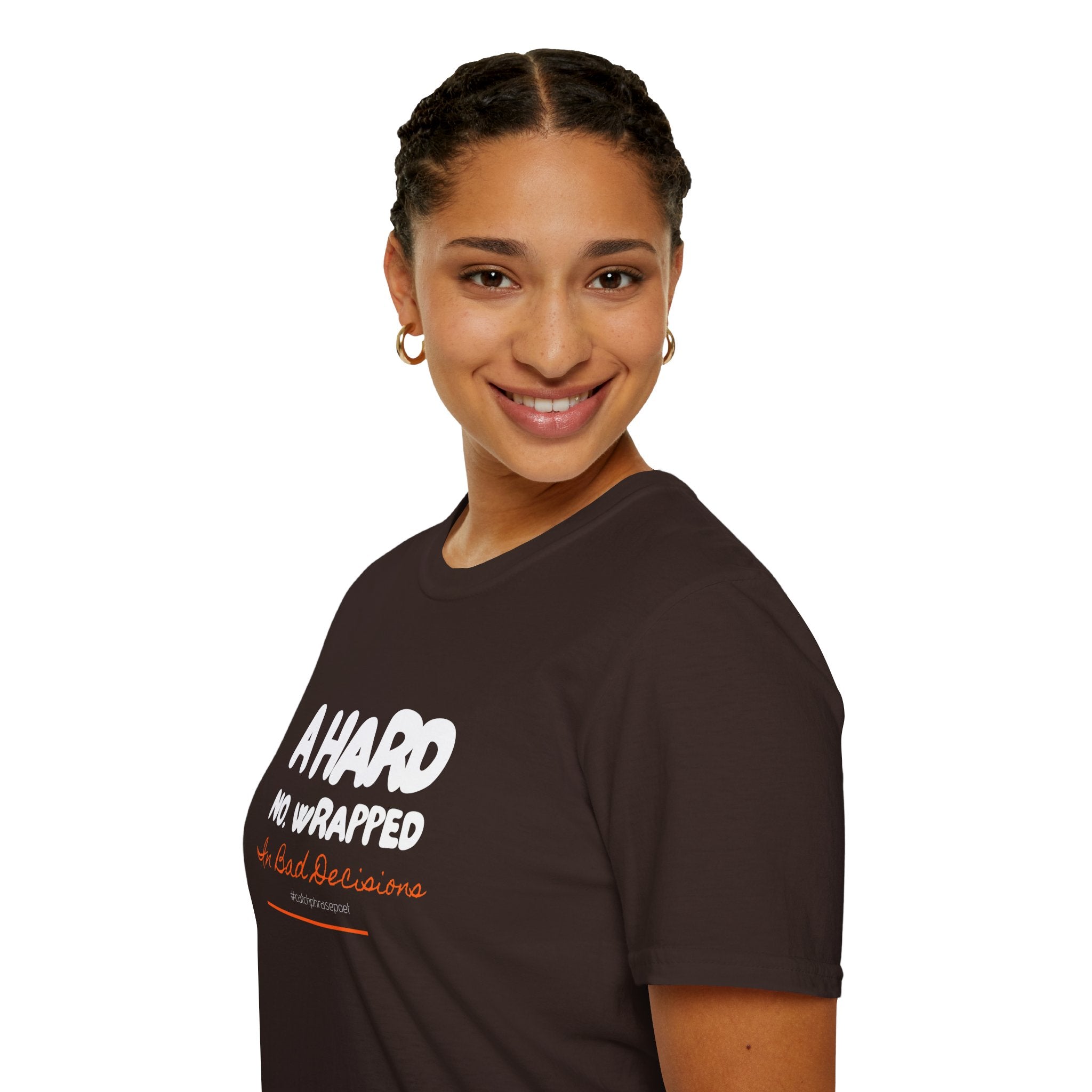 Smiling woman in black graphic tee with motivational text, creative affirmations t-shirt