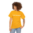 Person wearing a yellow t-shirt with 'de-part-men-tal-ized' text, casual fashion style