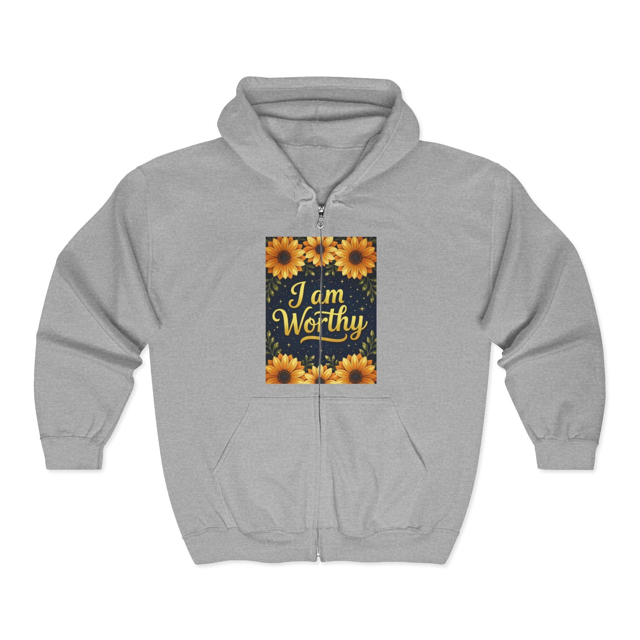 Floral 'I am Worthy' Zip-Up Hoodie