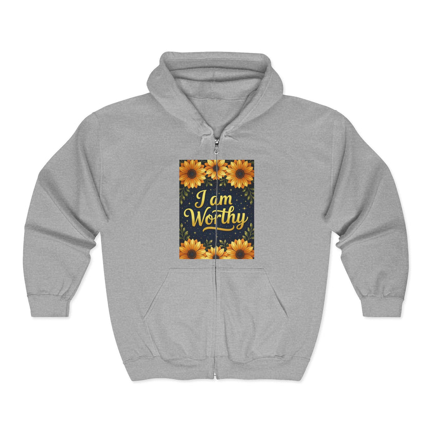 Floral 'I am Worthy' Zip-Up Hoodie